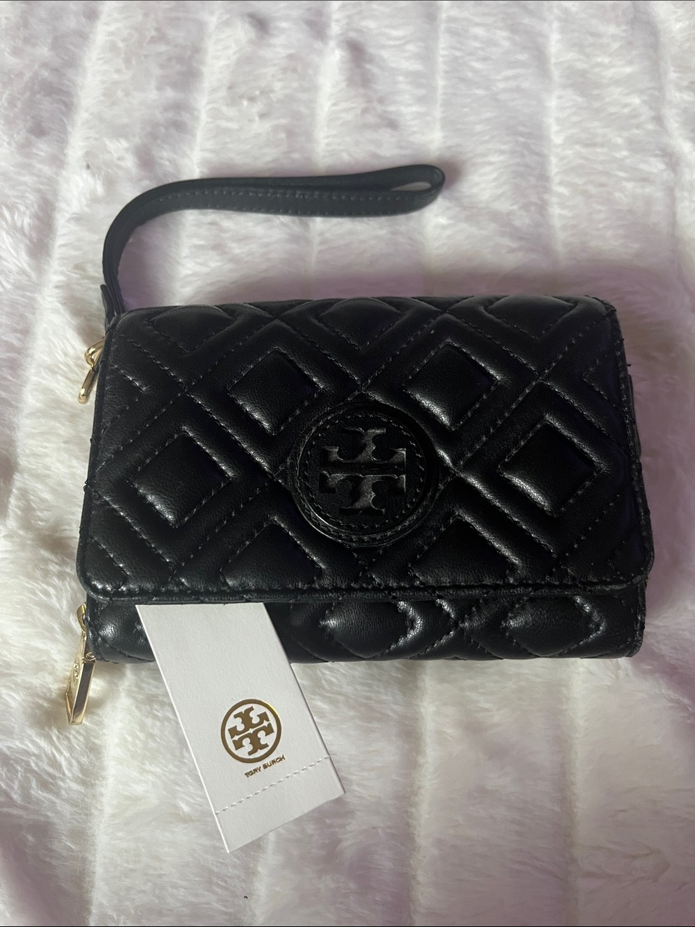 Tory Burch Black Quilted Leather Wristlet Clutch with Logo